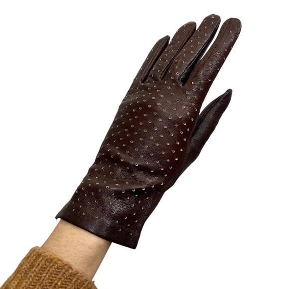 Vintage brown perforated leather wrist length short gloves 7 - Picture 3 of 14